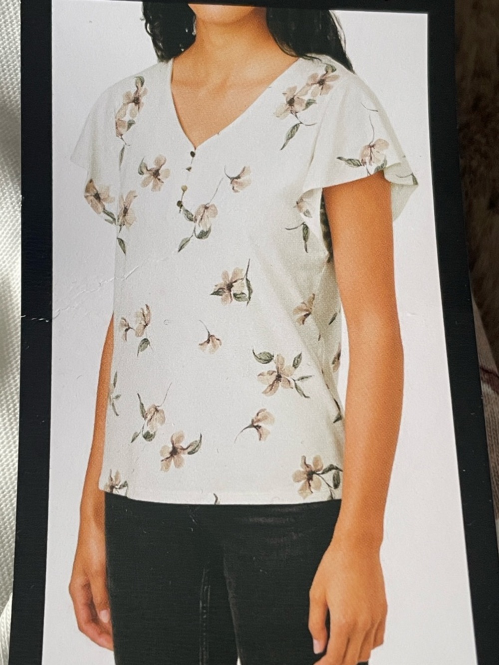 Bleu Gray Floral V-Neck Button Front flutter sleeve top.